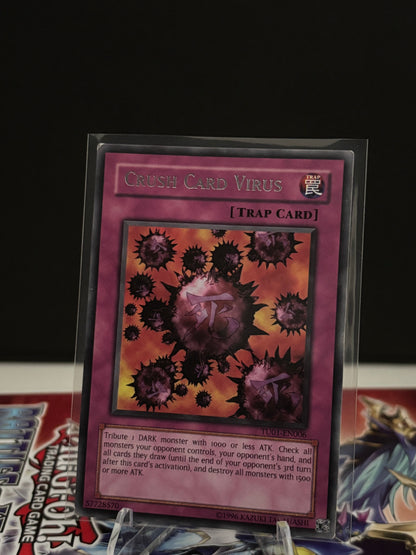 Trading card with a virus design on a dark background