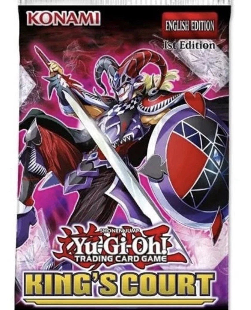 Yu-Gi-Oh! Trading Card Game King's Court English Edition card box cover art featuring a dark fantasy character with a sword and shield, Konami branding at the top, and Yu-Gi-Oh! logo at the bottom.